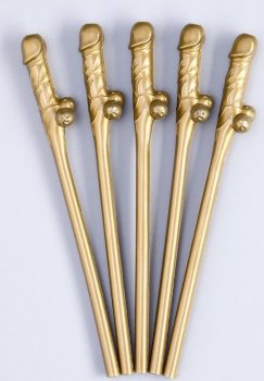 Золотистые коктейльные трубочки в виде пениса - 5 шт.