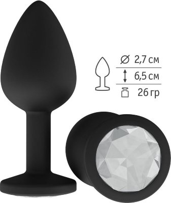 Чёрная анальная втулка с прозрачным кристаллом - 7,3 см.  Цена 1 118 руб. Длина: 7.3 см. Диаметр: 2.7 см. Гладенькая силиконовая пробка с кристаллом в ограничительном основании. Рабочая длина - 6,5 см. Вес - 26 гр. Страна: Россия. Материал: силикон.