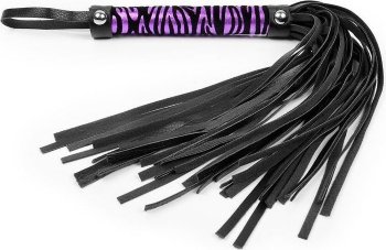 Черная многохвостовая плеть с круглой фиолетовой ручкой-зеброй - 39 см.