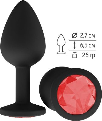 Чёрная анальная втулка с красным кристаллом - 7,3 см.  Цена 895 руб. Длина: 7.3 см. Диаметр: 2.7 см. Гладенькая силиконовая пробка с кристаллом в ограничительном основании. Рабочая длина - 6,5 см. Вес - 26 гр. Страна: Россия. Материал: силикон.