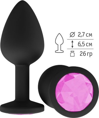 Чёрная анальная втулка с розовым кристаллом - 7,3 см.  Цена 913 руб. Длина: 7.3 см. Диаметр: 2.7 см. Гладенькая силиконовая пробка с кристаллом в ограничительном основании. Рабочая длина - 6,5 см. Вес - 26 гр. Страна: Россия. Материал: силикон.