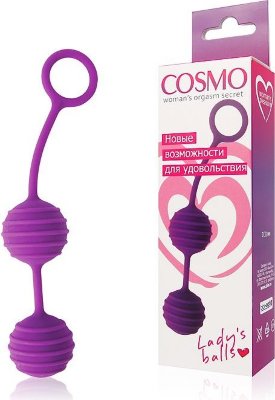 Фиолетовые вагинальные шарики с ребрышками Cosmo  Цена 854 руб. Диаметр: 3.1 см. Вагинальные шарики изготовлены из высококачественного силикона. Обладают бархатистой структурой и очень приятны на ощупь. Выполнены в красивом сочном цвете. Секс-игрушка имеет смещенный центр тяжести (внутри каждого шарика находятся шарики меньшего размера, которые перекатываются во время движения), что позволяет эффективно тренировать мышцы интимных органов. Соприкасаясь со стенками влагалища, ребристая поверхность изделия подарит новые необычные ощущения. Удобный шнурок-хвостик с кольцом позволит легко извлечь аксессуар после использования. Страна: Китай. Материал: силикон.