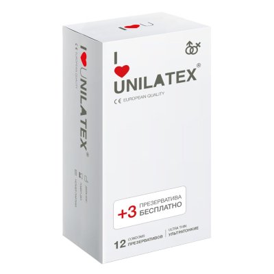 Ультратонкие презервативы Unilatex Ultra Thin - 12 шт. + 3 шт. в подарок  Цена 950 руб. Длина: 19 см. Таблетки или презервативы? За презервативами стоит прочная защита от венерических заболеваний, их не надо принимать по часам, и они не вызывают гормонального сбоя. Одно «но» — ощущения не те. Хотя стоп! Присутствие Unilatex Ultra Thin незаметно! Так что в этом споре победа однозначно достаётся презервативам. Классические презервативы ультратонкого размера, гладкая поверхность, латекс телесного цвета, эргономичной формы, в натуральной гипоаллергенной смазке на основе силиконового масла. Особо чувствительные. В упаковке - 15 шт. Толщина стенки - 0,05 мм. Ширина - 54+/-2 мм. Страна: Малайзия. Материал: латекс. Объем: 12 шт. + 3 шт. в подарок.