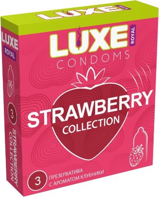 Презервативы с ароматом клубники LUXE Royal Strawberry Collection - 3 шт.  Цена 224 руб. Длина: 18 см. Высококачественные гладкие презервативы с ароматом клубники. Максимальное разнообразие и новые ощущения в ваших отношениях. В фирменной упаковке содержится 3 презерватива из тонкого латекса. Ширина - 52 мм. Толщина стенок - 0,06 мм. В упаковке - 3 шт. Страна: Китай. Материал: латекс. Объем: 3 шт.