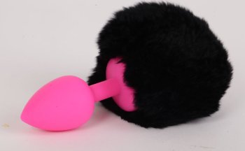 Розовая анальная пробка с черным хвостом Задорный Кролик