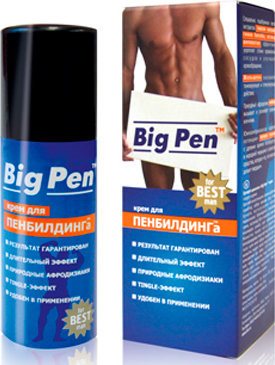 Крем Big Pen для увеличения полового члена - 50 гр.  Цена 1 640 руб. Увеличить размер пениса также легко, как, например, бицепсов. Для этого используется специальная методика - пенбилдинг (от слов «penis» и «building», т.е. дословно «построение пениса»). Это постепенное механическое растяжения пениса мужчины до желаемых размеров. За счет удлинения кровенаполнение полового органа значительно увеличивается во время эрекции. Член становится большим и упругим. Крем «Big Pen» – персональный «тренер» и помощник для занятий пенбилдингом. Разогревая кожу полового члена, он настраивает своего обладателя на спортивный лад и предстоящие упражнения. Средство разработано специально для максимального комфорта: комбинирует нежное и супердлительное скольжение масла и приятную упругость крема. Исключительный уровень комфорта и приятных ощущений сочетается с особенной структурой. «Tingle»-эффект является уникальным свойством «Big Pen». Это чувство покалывания и дрожи, которое возникает за счет быстрого проникновения активных компонентов и дает реальное ощущение происходящих изменений. Препарат стимулирует: усиление полового влечения хорошую эрекцию в любом возрасте длительные и интенсивные оргазмы быстрое восстановление либидо формирование требуемой формы члена коррекцию кривизны полового органа. Крем в малом количестве наносится на головку члена и его ствол. Мошонка не смазывается. Плавными движениями маслянистый состав втирается в кожу. За счет усиления подкожной микроциркуляции ощущается тепло и покалывание. После нанесения косметического препарата нужно приступить к выполнению специальных упражнений, детально описанных в инструкции. Рекомендуется использование помпы вакуумного типа и экструдера. Aqua, Glycerin, Polymethylsiloxane, Cyclopentasiloxane (and) PEG/PPG Dimethicone, Caprylic/Capric Triglyceride, Lactose, Betaine, Sodium Chloride, Panax Ginseng Root Extract, Panax Notoginseng Root Extract, Ginkgo Biloba Leaf Extract, Aesculus Hippocastanum Seed Extract, Ruscus Aculeatus Root Extract, Propylene Glycol, PEG-8, Muira Puama Extract, Zingiber Officinale Root Extract, Methylparaben. Страна: Россия. Объем: 50 гр.