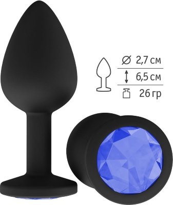 Чёрная анальная втулка с синим кристаллом - 7,3 см.  Цена 1 212 руб. Длина: 7.3 см. Диаметр: 2.7 см. Гладенькая силиконовая пробка с кристаллом в ограничительном основании. Рабочая длина - 6,5 см. Вес - 26 гр. Страна: Россия. Материал: силикон.