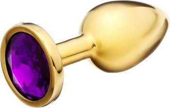 Золотистая анальная пробка с фиолетовым кристаллом - 8,5 см.