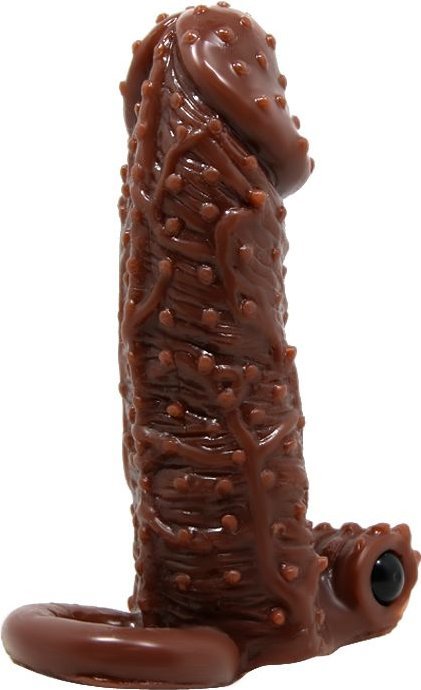 Коричневая насадка с точками, клиторальным стимулятором и подхватом - 13,7 см.