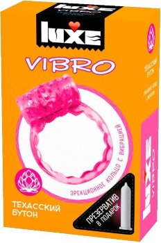 Розовое эрекционное виброкольцо LUXE VIBRO Техасский бутон + презерватив