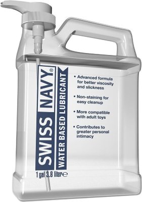 Канистра лубриканта Swiss Navy Water Based Lube на водной основе - 3,8 л. Основа этого лубриканта – вода. А потому вдвойне удивительно, насколько он густ и почему не растекается. Смазка равномерно распределяется по коже (презервативу, секс-игрушке) и становится жиже под воздействием трения. Смазка безопасна при проглатывании. Удобный дозатор облегчит использование. Страна: США. Объем: 3,8 л.