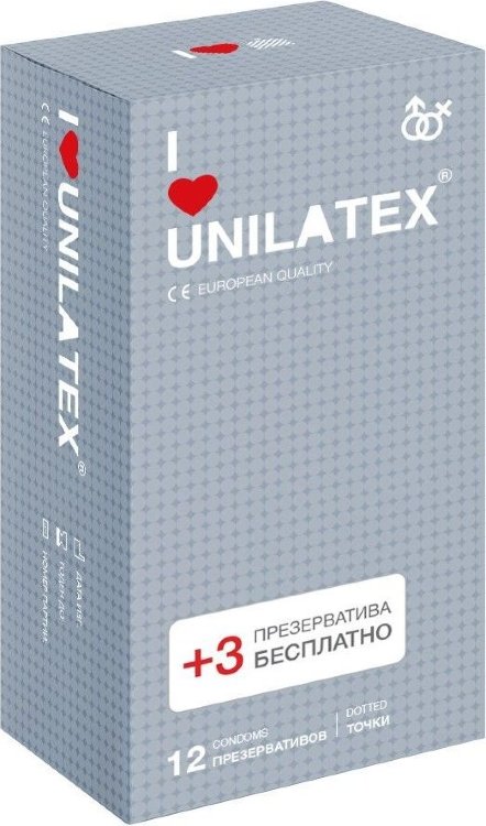 Презервативы с точками Unilatex Dotted - 12 шт. + 3 шт. в подарок