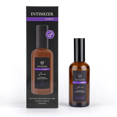 Мужской антибактериальный эко-гель для интимного ухода Intimizer Forte - 100 мл.  Цена 6 989 руб. Гель для интимной гигиены мужской INTIMIZER – это насыщенный ухаживающий комплекс 8 в 1 для поддержания мужского интимного здоровья. Не имеет аналогов. Мощная концентрация натуральных компонентов работает как sos-средство от сухости, от запаха, как антибактериальная защита. Предотвращает воспалительные процессы и развитие инфекций. Увлажняющая формула на водной основе улучшает комфорт романтических отношений. Гель-уход INTIMIZER на 100% заменяет широкий арсенал привычных средств. Всё в одном! INTIMIZER FORTE – это усиленная высококонцентрированная формула широкого спектра действия, профессиональная линия средств бренда INTIMIZER. Выше антибактериальная активность – быстрое действие для более надежной защиты. Усиленный комплекс пребиотиков и постбиотиков последнего поколения. В 2 раза более интенсивное увлажняющее действие. Еще больше уверенности с двойной концентрацией премиального феромона ISO E Super. Идеален на каждый день для интимной гигиены мужчин. После нанесения не требует смывания, оказывая длительное защитное, ухаживающее и освежающее действия. Способствует ускоренному заживлению и укреплению стенок сосудов. Первая помощь при дискомфорте (покраснение, сухость, зуд, жжение) половых органов в период усиленных физических нагрузок и стресса для защиты микрофлоры при смене полового партнера при ослаблении иммунитета восстановление после приёма антибиотиков профилактика при посещении бассейнов и саун снятие раздражения после депиляции (бритья). Инновационная формула INTIMIZER для мужчин – научная разработка лаборатории НПК ЭВИПРО. Имеет свидетельство гос. регистрации. Одобрена урологами. Большое количество активных компонентов в легко усваиваемой форме обеспечивают широкий заявленный спектр действия: Smart частицы серебра Молочная кислота Prebiulin, Inulin, Woresana, Д-пантенол Aquaxyl, Fucogel Пальмария пальмата Биосахаридная смола Hydrovance Гидролат Календулы. Страна: Россия. Объем: 100 мл.