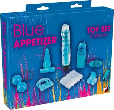 Голубой вибронабор из 8 предметов Blue Appetizer  Цена 6 512 руб. Голубой вибронабор из 8 предметов Blue Appetizer. В него входят вибратор-реалистик, анальная пробка с отверстием под вибропулю, насадка на палец с отверстием под вибропулю, вибропуля, эрекционное кольцо с подхватом мошонки и кармашком для вибропули, вагинальные шарики, насадка на пенис с пупырышками, виброяйцо с проводным пультом. В комплекте: вибратор, анальная пробка, насадка на палец, вибропуля, эрекционное кольцо, вагинальные шарики, насадка на пенис, виброяйцо. Длина вибратора - 17,4 см., диаметр - 3,4 см. Диаметр шариков - 3,4 см. Длина виброяйца - 5,5 см., диаметр - 2,5 см. Длина вибропули - 6 см., диаметр - 1,7 см. Внутренний диаметр кольца - 2,4 см. Длина насадки на палец - 5,5 см. Длина анальной пробки - 9,2 см., диаметр - 2,9 см. Длина насадки на пенис - 7 см., диаметр - 3,3 см. Батарейки не входят в комплект (2 x AA, 2 x AAA, 3 x LR44). Страна: Китай. Материал: термопластичный эластомер (TPE).