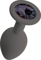 Серая анальная пробка с черным кристаллом Gamma-M - 8,1 см.
