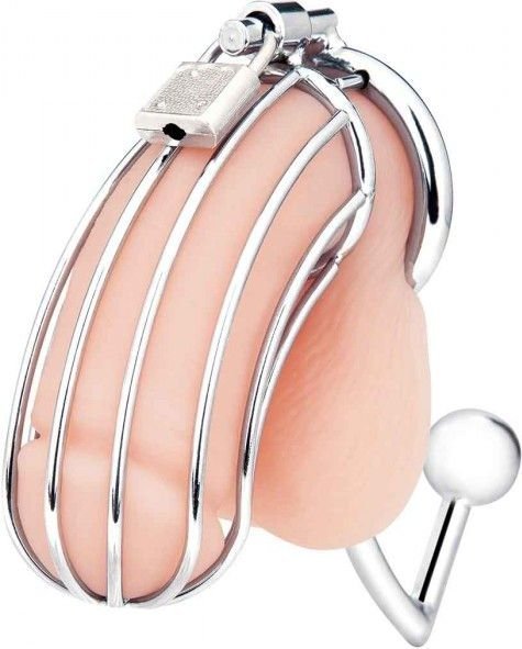 Серебристая металлическая клетка с анальным стимулятором Cock Cage