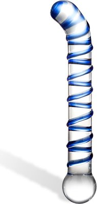 Изогнутый стеклянный фаллос G-Spot Glass Dildo - 17 см.  Цена 4 853 руб. Длина: 17 см. Mr. Swirly изготовлен из боросиликатного стекла. Стильный дизайн синего и прозрачного стекла приятно удивляет своими изгибами и видом. Mr. Swirly G-Spot Glass Dildo легко подходит для анальной и вагинальной стимуляции. Страна: Китай. Материал: стекло.