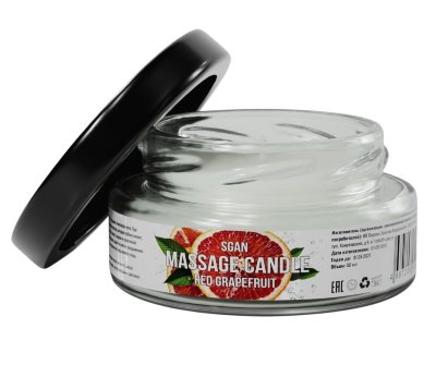 Массажная свеча «Красный грейпфрут» - 50 мл.  Цена 2 756 руб. Массажная свеча с ароматом красного грейпфрута SGAN в стеклянной банке — это натуральное средство для расслабления, ухода за кожей и создания романтической атмосферы. Свеча изготовлена из 100% кокосового воска с добавлением ароматического масла янтарного мусса и хлопкового фитиля, что обеспечивает безопасное и чистое горение. При нагревании свеча превращается в тёплое массажное масло, которое глубоко увлажняет, питает и смягчает кожу, делая её шелковистой и ухоженной. Приятный аромат красного грейпфрута наполняет комнату уютом и гармонией. 100% кокосовый воск, ароматическое масло, хлопковый фитиль. Страна: Россия. Объем: 50 мл.