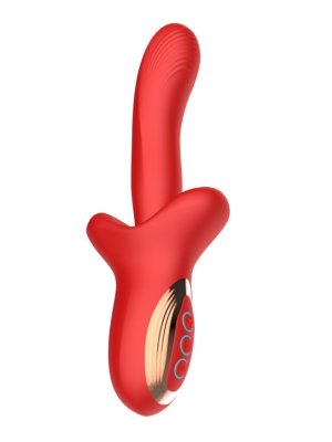 Красный вибратор с постукивающим эффектом - 22 см.  Цена 4 380 руб. Длина: 22 см. Диаметр: 3.5 см. Вибратор с постукивающим эффектом от Secwell - это мощное и эргономичное устройство, которое сочетает глубокую внутреннюю стимуляцию с активным внешним воздействием. Основная часть вводится внутрь и создает выразительный постукивающий эффект, имитируя ритмичные толчки — именно то, что делает ощущения максимально реалистичными и захватывающими. Дополнительные отростки сверху и снизу охватывают зону клитора и промежности, обеспечивая одновременную тройную стимуляцию. Вибрации усиливают эффект и делают процесс ещё более насыщенным. Компактный размер и гибкая форма позволяют удобно использовать устройство в любой позе. Несколько режимов постукивания и вибрации легко переключаются с помощью кнопки на корпусе. Изготовлен из мягкого, гипоаллергенного силикона. Заряжается от USB. Имеет 10 режимов вибрации, 7 режимов толкающих движений, и 7 режимов охватывающих движений лепестками. Рабочая длина - 12,5 см. Страна: Китай. Материал: анодированный пластик, силикон. Батарейки: встроенный аккумулятор.