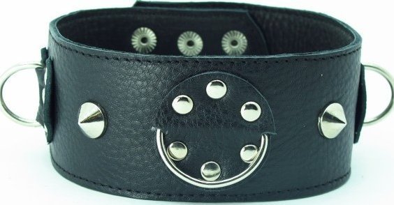 Чёрный кожаный ошейник с кольцами и клёпками