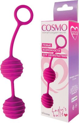 Ярко-розовые вагинальные шарики с ребрышками Cosmo  Цена 854 руб. Диаметр: 3.1 см. Вагинальные шарики изготовлены из высококачественного силикона. Обладают бархатистой структурой и очень приятны на ощупь. Выполнены в красивом сочном цвете. Секс-игрушка имеет смещенный центр тяжести (внутри каждого шарика находятся шарики меньшего размера, которые перекатываются во время движения), что позволяет эффективно тренировать мышцы интимных органов. Соприкасаясь со стенками влагалища, ребристая поверхность изделия подарит новые необычные ощущения. Удобный шнурок-хвостик с кольцом позволит легко извлечь аксессуар после использования. смещенный центр тяжести вес - 55гр. Страна: Китай. Материал: силикон.