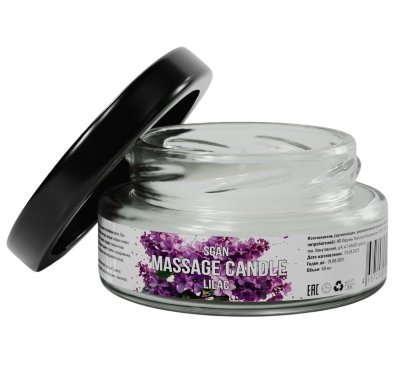 Массажная свеча «Сирень» - 50 мл.  Цена 2 756 руб. Массажная свеча с ароматом цветущей сирени SGAN в стеклянной банке — это натуральное средство для расслабления, ухода за кожей и создания романтической атмосферы. Свеча изготовлена из 100% кокосового воска с добавлением ароматического масла янтарного мусса и хлопкового фитиля, что обеспечивает безопасное и чистое горение. При нагревании свеча превращается в тёплое массажное масло, которое глубоко увлажняет, питает и смягчает кожу, делая её шелковистой и ухоженной. Приятный аромат цветущей сирени наполняет комнату уютом и гармонией. 100% кокосовый воск, ароматическое масло, хлопковый фитиль. Страна: Россия. Объем: 50 мл.