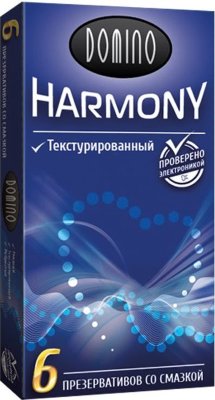 Текстурированные презервативы Domino Harmony - 6 шт.  Цена 296 руб. Длина: 18 см. Теперь презервативы – это не только безопасный секс, но и более яркое удовольствие. А все за счет уникальной текстуры поверхности кондома, которая может значительно усилить ощущения вашей партнерши. И все это за очень приемлемую цену! Латексные презервативы со значимым именем, безупречным качеством и низкой стоимостью – что может быть лучше? Кондомы снабжены накопителем, а стандартные размеры подойдут для среднестатистического размера пениса. В упаковке - 6 шт. Толщина стенки - 0,06 мм. Ширина презерватива - 52 мм. Страна: Китай. Материал: латекс. Объем: 6 шт.