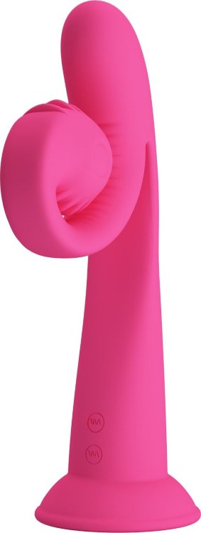 Розовый вибратор на присоске с закрученным клиторальным отростком - 20 см.