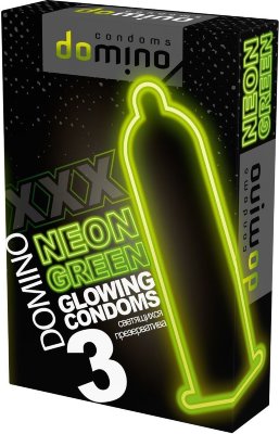 Презервативы DOMINO Neon Green со светящимся в темноте кончиком - 3 шт.  Цена 435 руб. Длина: 18 см. Презервативы DOMINO Neon Green со светящимся в темноте кончиком. В каждой фирменной упаковке содержится 3 гладких презерватива прозрачно-зеленого цвета с уплотнением на кончике (накопителем) темно-зеленого оттенка. Номинальная ширина - 52 мм. Толщина стенки - 0,06 мм. В упаковке - 3 шт. После вскрытия упаковки необходимо поднести презерватив к источнику света на 10-15 минут, после чего кончик у презерватива будет слегка виден в темноте. Страна: Китай. Материал: латекс. Объем: 3 шт.