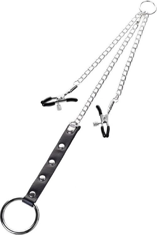 Серебристо-чёрные зажимы для сосков с кольцом для пениса TOYFA Metal