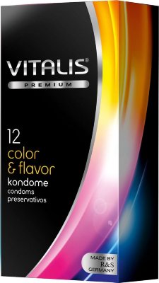 Цветные ароматизированные презервативы VITALIS PREMIUM color flavor - 12 шт.  Цена 1 760 руб. Длина: 18 см. Презерватив из натурального каучукового латекса, цветной, с ароматом, силиконовой смазкой и накопителем. Форма цилиндрическая. Качество ISO 4074:2002. Толщина стенки - 0,07 мм. Ширина - 53 мм. В упаковке - 12 шт. Страна: Германия. Материал: латекс. Объем: 12 шт.