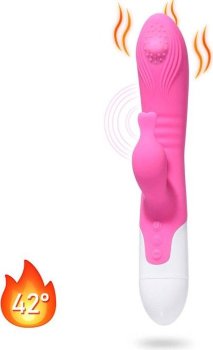 Розовый вибромассажер-кролик с функцией нагрева - 23,7 см.