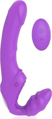 Фиолетовый безремневой страпон с 9 режимами вибрации и пультом ДУ  Цена 7 169 руб. Длина: 21.8 см. Диаметр: 3.5 см. Многофункциональный вибромассажёр с пультом дистанционного управления займёт достойное место в любой коллекции секс-игрушек! Интимный аксессуар предназначен для стимуляции эрогенных зон – влагалища, клитора, ануса, груди и т.д. Может использоваться как соло, так и в парной любовной игре. С одной стороны, изделие имеет форму пениса, с другой – спиралевидной шишечки. В обоих частях расположены виброэлементы, обеспечивающие вибрацию по всей поверхности секс-игрушки. Включение/выключение интимного аксессуара, работа 9 режимов вибрации регулируется с помощью кнопки на корпусе или пульте управления. Вибромассажёр имеет водонепроницаемую поверхность, поэтому может использоваться в воде. Заряжается секс-игрушка с помощью USB-провода, который одним концом присоединяется к изделию, другим – вставляется в соответствующий разъём на корпусе ПК. Длина вагинальной пробки - 7,5 см., диаметр - 3,1 см. Страна: Китай. Материал: силикон. Батарейки: встроенный аккумулятор.