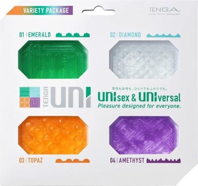 Набор из 4 мастурбаторов-стимуляторов Tenga Uni Variety Pack Длина: 5.8 см. Tenga Uni – это персональное удовольствие независимо от вашего пола. 2 в 1: мастурбатор и стимулятор клитора. Универсальная вещица, которая разнообразит вашу игру и сделает ее интереснее. Uni изготовлен из эластомера, материал, который отличается своей мягкостью эластичностью и способностью растягиваться под любой размер. Серия мастурбаторов Tenga Uni вдохновлена драгоценными камнями и может стать настоящим сокровищем в вашей коллекции. Каждый стимулятор отличается цветом и рельефом внутренней поверхности, который подходит под любой вид игры. Сжимайте, массируйте, растягивайте – делайте любые манипуляции для получения максимального удовольствия. Только для одноразового использования. Страна: Япония. Материал: эластомер (полиэтилен гель).