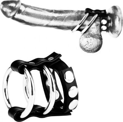 Двойное металлическое кольцо на пенис с регулируемым ремешком  Цена 3 400 руб. Эти регулируемые кольца с защелкивающимся клепочным ремнем прижимает член и мошонку, удерживая пенис металлическим кольцом. Страна: США. Материал: металл.