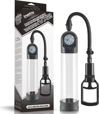 Ручная вакуумная помпа с манометром Maximizer WorxVX2 Accu Meter Pump Ручная вакуумная помпа, состоящая из колбы с манометром для контроля давления, уплотнителя, кольца для пениса и насоса в виде поршня. Такого формата рукоятка дает больше, чем груша. Она требует меньшего количества нажатий и быстрее создает более эффективное вакуумное давление. С поршневым насосом легче сохранять контроль над давлением в помпе. Манометр позволяет отслеживать, какое давление оказывается на пенис. Прозрачный вакуумный цилиндр и измерительная шкала дает возможность наблюдать за усилением кровотока и ростом. Рабочая длина колбы - 20 см, диаметр - 6,3см. Страна: Китай. Материал: анодированный пластик, TPR.