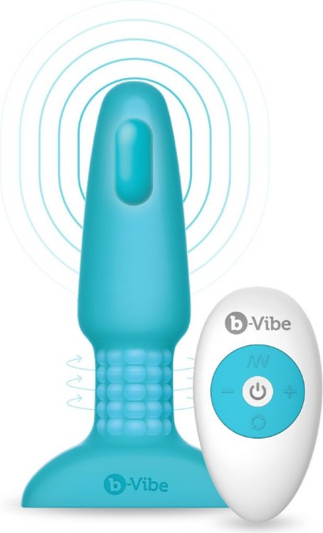Голубая вибропробка с ротацией шариков RIMMING REMOTE CONTROL PLUG TEAL - 15,2 см.