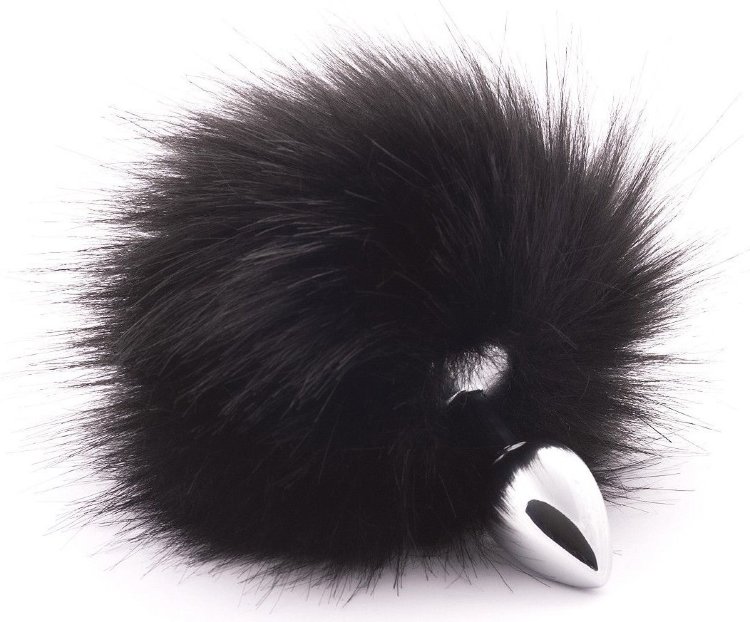 Серебристая анальная пробка с черным хвостиком из искусственного меха