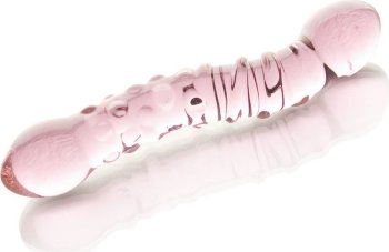 Двусторонний розовый фаллос с рёбрами и точками - 19,5 см.