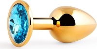 Золотистая анальная пробка с голубым стразом - 7,2 см.