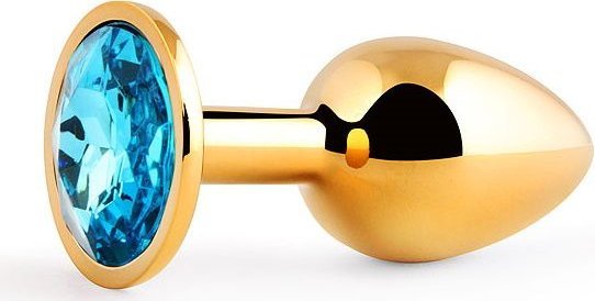Золотистая анальная пробка с голубым стразом - 7,2 см.