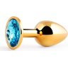 Золотистая анальная пробка с голубым стразом - 7,2 см.