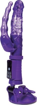 Фиолетовый анально-вагинальный вибратор на присоске A-toys Диаметр: 3 см. Вибратор A-Toys с функцией вращения ствола и мощным анальным стимулятором. Имеет 8 режимов вибрации и ротации, скорость которых удобно управляется кнопками на рукояти игрушки. Интимная игрушка имеет специальный отросток в виде анальной елочки, что позволяет проводить одновременную стимуляцию вагины и ануса. Вибратор выполнен из высококачественного, легкого в эксплуатации, нетоксичного, гипоаллергенного, не пористого материала TPR. Мощная присоска позволяет закрепить вибратор на любой вертикальной или горизонтальной гладкой поверхности. В стволе девайса размещено несколько рядов металлических шариков, которые многократно увеличивают возбуждающий эффект. Длина до пульта - 15 см. Страна: Китай. Материал: термопластичная резина (TPR).