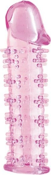 Гелевая розовая насадка на фаллос с шипами - 12 см.