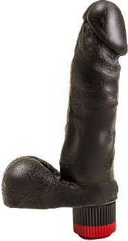 Чёрный виброфаллос с пышной мошонкой - 16 см.