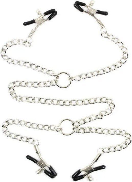 Серебристые зажимы для сосков и половых губ на тонкой цепочке