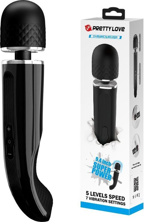Черный мощный жезловый вибратор с изогнутой ручкой Charming Massager - 24 см.