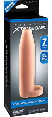 Телесная насадка Real Feel Enhancer XL - 17 см. Длина: 17 см. Диаметр: 2.5 см. Насадка изготовлена из супер-эластичного Fanta Flesh материала. Подходит для большинства размеров. Насадка увеличивает диаметр (даёт в среднем 33% утолщения от исходных параметров). Легко обрезается на кончике для идеальной подгонки под индивидуальные параметры. Головка члена остается открытой, поэтому сохраняются ощущения естественного контакта. Кольцо у основания насадки надевается на мошонку для пролонгации полового акта. Также кольцо способствует удержанию насадки на месте. В комплект включены: лубрикант, очиститель для игрушек. Страна: Китай. Материал: термопластичная резина (TPR).