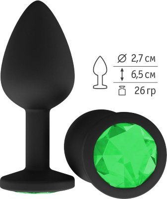 Чёрная анальная втулка с зеленым кристаллом - 7,3 см.  Цена 1 719 руб. Длина: 7.3 см. Диаметр: 2.7 см. Гладенькая силиконовая пробка с кристаллом в ограничительном основании. Рабочая длина - 6,5 см. Вес - 26 гр. Страна: Россия. Материал: силикон.