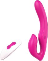 Ярко-розовый безремневой страпон REMOTE DOUBLE DIPPER - 22 см.